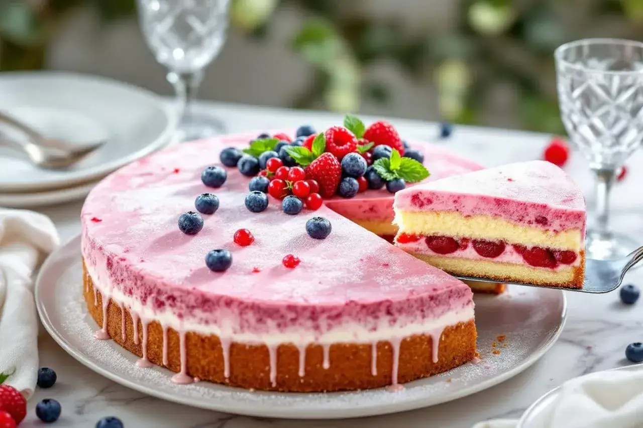 Gâteau glacé aux fruits rouges sans sorbetière, garni de baies fraîches et d'une tranche savoureuse.