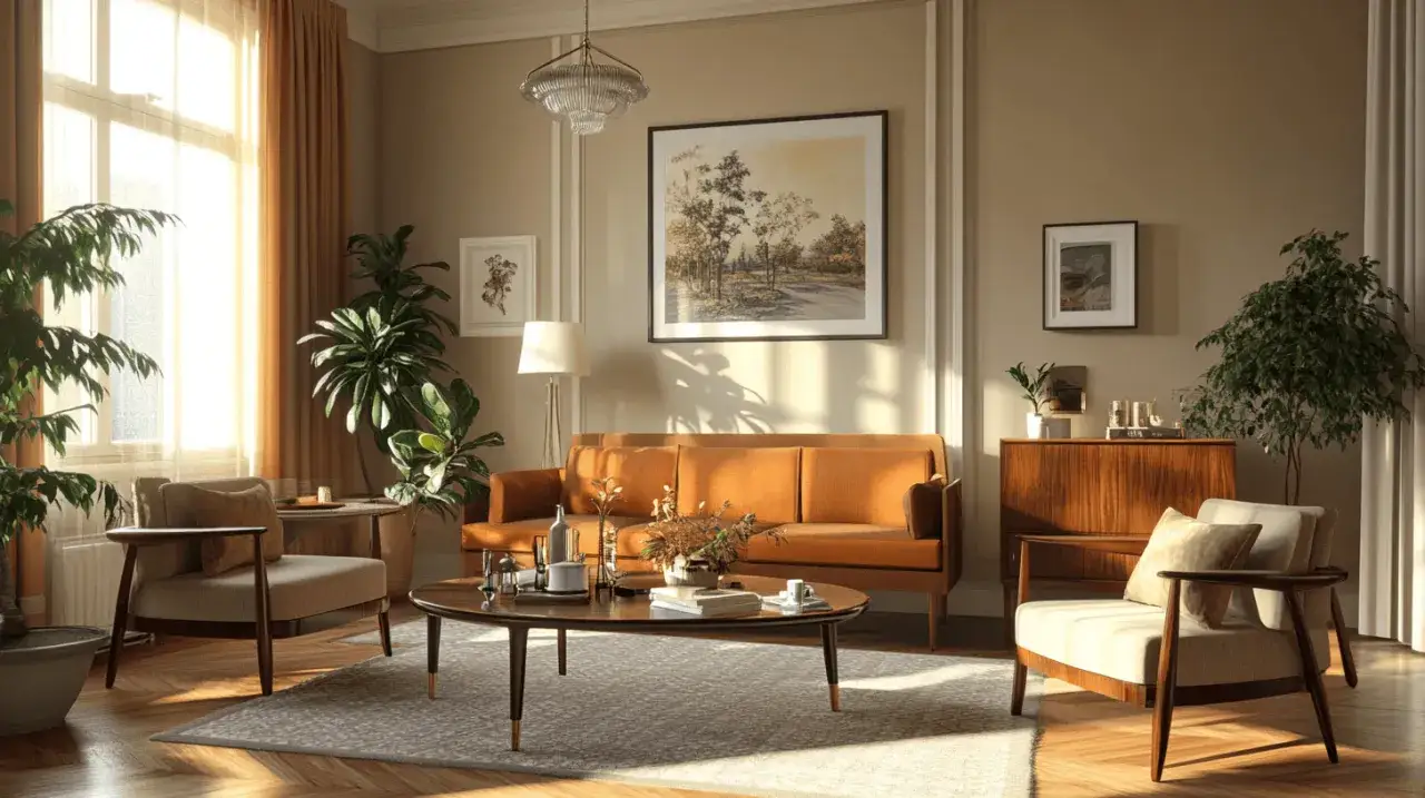 Gem&uuml;tliches Wohnzimmer im Mid-Century-Modern-Stil mit orangefarbenem Sofa, Holzm&ouml;beln und vielen Pflanzen.
