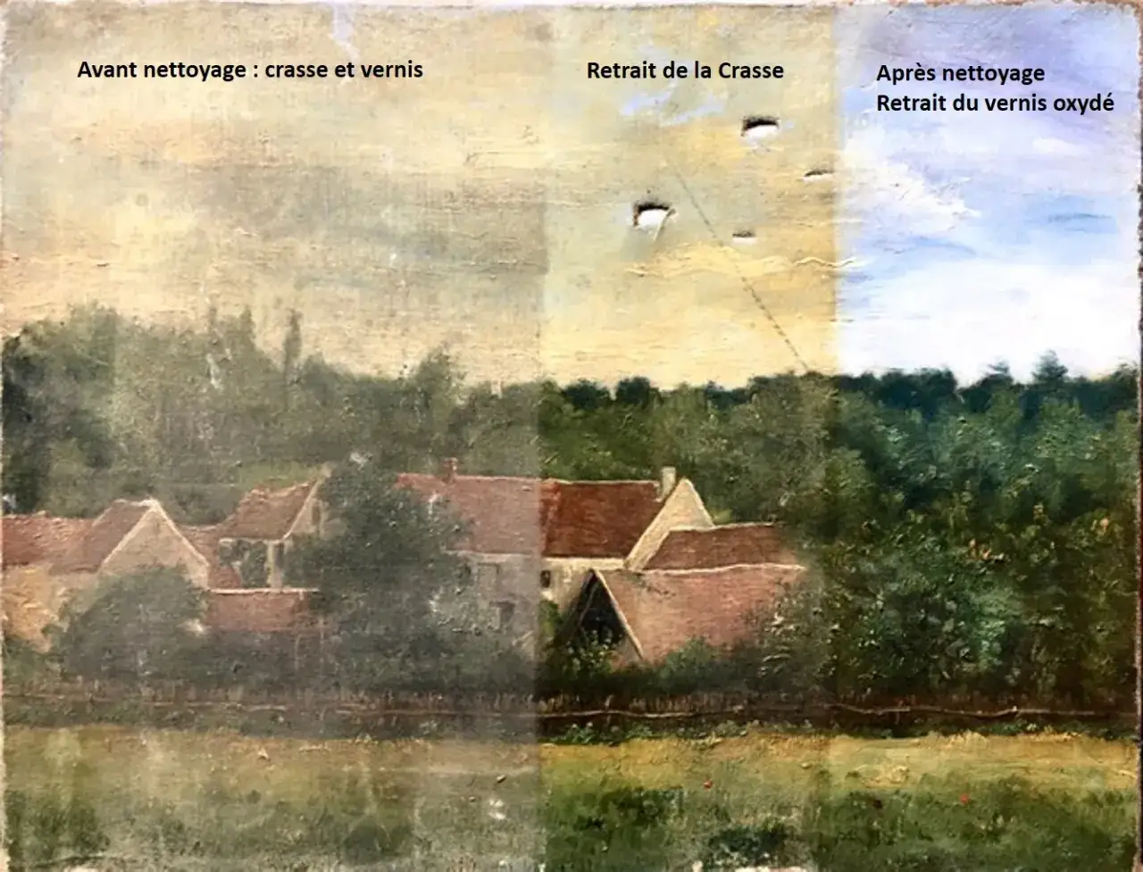 Comparaison avant/apr&egrave;s nettoyage d'une peinture de paysage. La partie gauche montre la crasse et le vernis, la droite r&eacute;v&egrave;le les couleurs vives apr&egrave;s nettoyage.