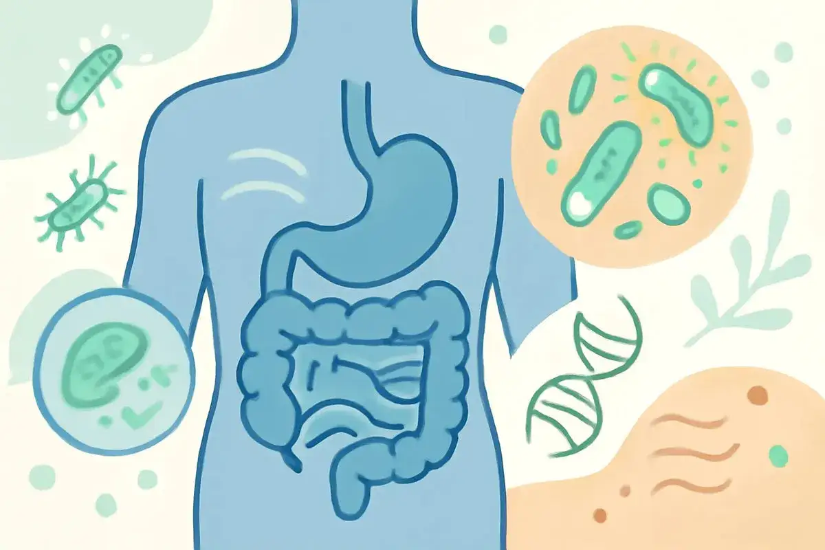 Illustrazione del sistema digestivo con batteri, tra cui l'Helicobacter, che possono causare gonfiore addominale.