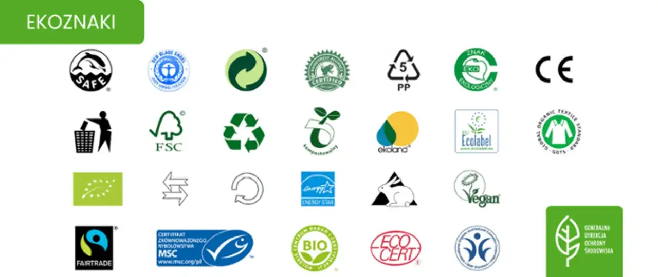Kolekcja symboli ekologii: od recyklingu i kompostowania po certyfikaty bio, wegańskie i zrównoważonego rybołówstwa.