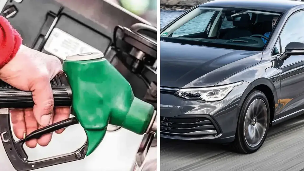 En hand håller i en bensinpump, bredvid en mörkgrå bil. Framtiden är här med bensinsnålaste bilen.