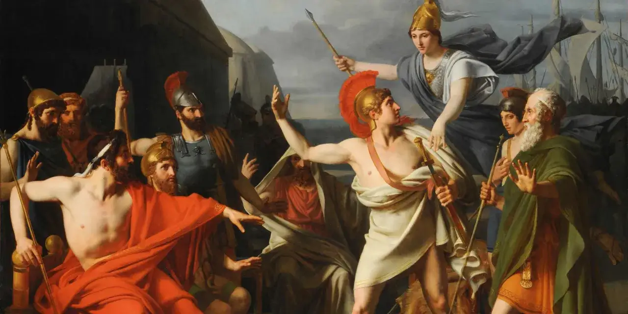 Achilles, der Halbgott, wird von Athene zurückgehalten, um einen Fehler zu vermeiden. Männer in Rüstungen und Gewändern sind um ihn herum.