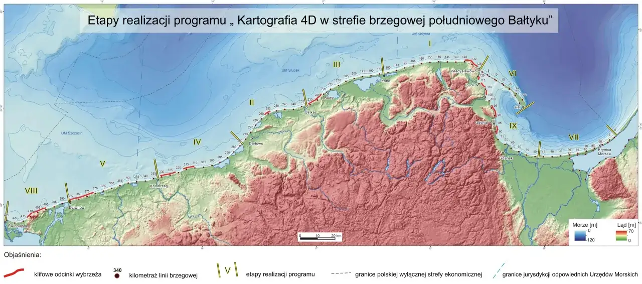 Mapa pokazuje polskie wybrzeże z zaznaczoną kilometrażą linii brzegowej. Odcinek od Świnoujścia do Krynicy Morskiej ma ok. 425 km.