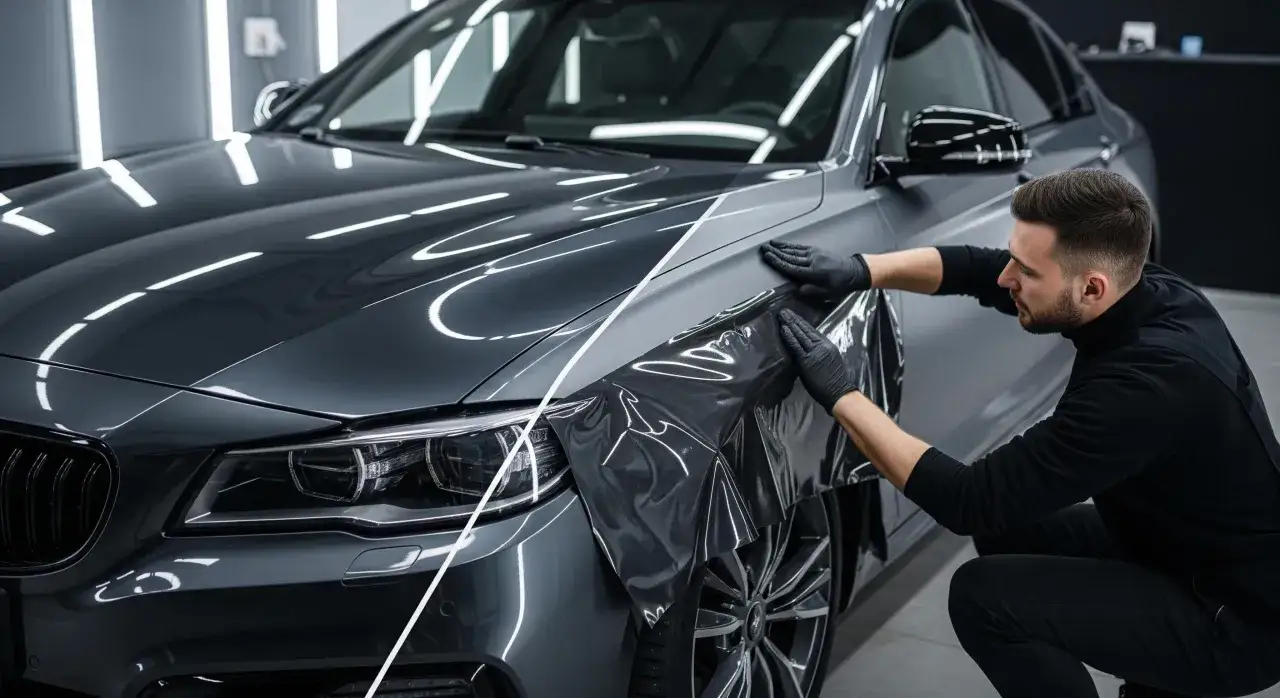 Un professionista applica una pellicola per cambiare colore auto, trasformando la carrozzeria grigia in un nuovo look.