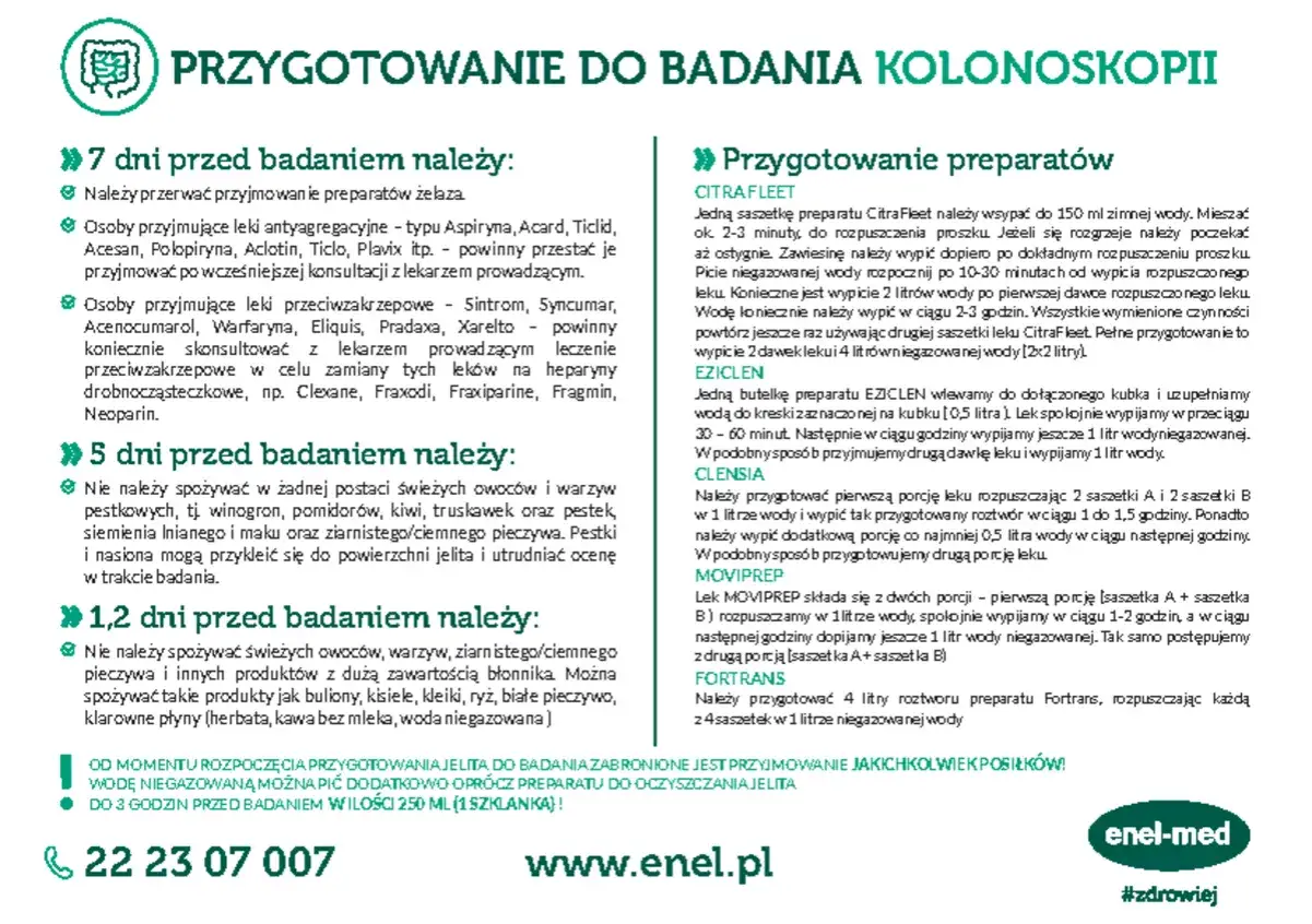 Przygotowanie do kolonoskopii: instrukcje dotyczące leków, w tym MOVIPREP, diety i telefonu kontaktowego.