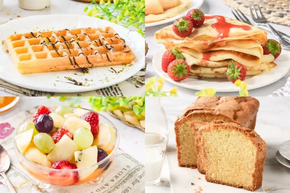Deliciosos postres sin gluten: gofres, crepes con fresas, ensalada de frutas y bizcocho.