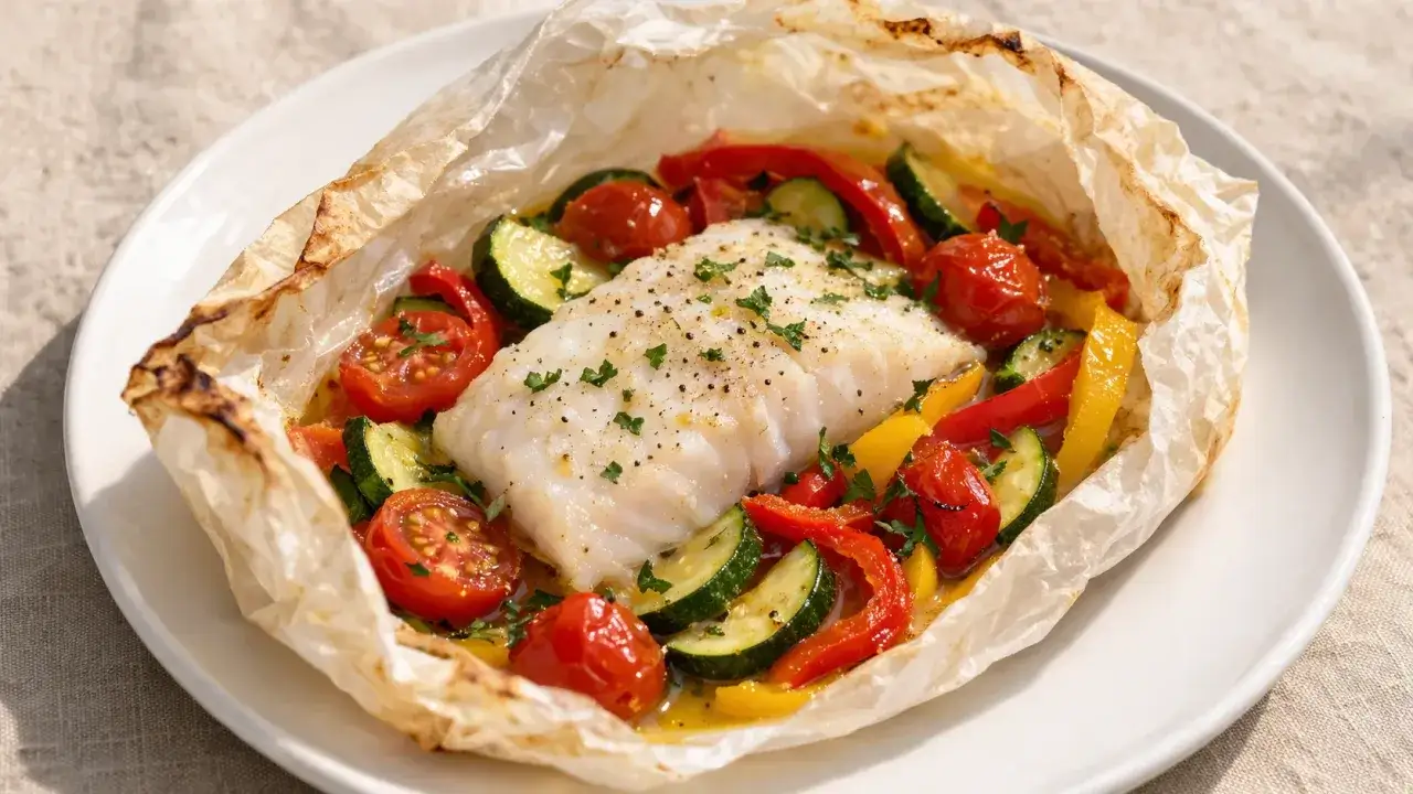 Dos de cabillaud en papillote, tendre et savoureux, cuit avec des tomates cerises, courgettes et poivrons.