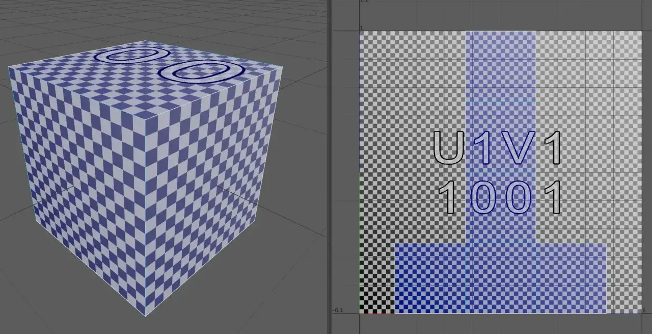 Sześcian z siatką UV, przygotowany do **mappingu 3d**. Obok panel z teksturą i oznaczeniami U1V1 1001.