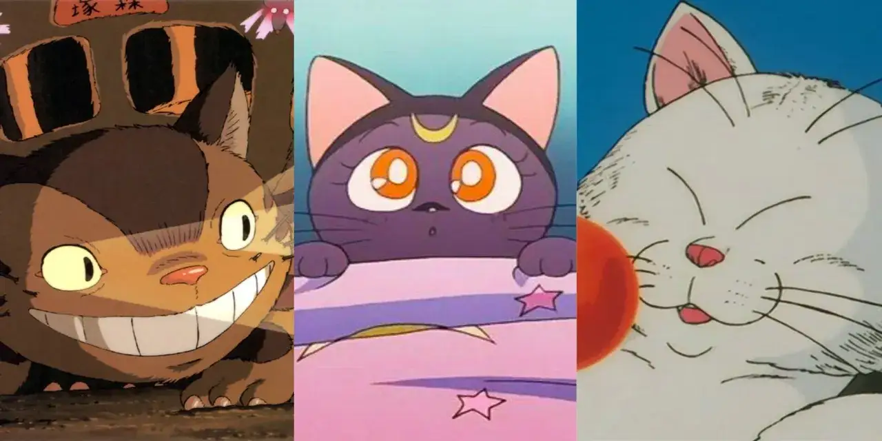 Trzy urocze koty z anime: wielki, brązowy Totoro, fioletowa Luna z Księżycowej Wojowniczki i biały kotek z Dragon Ball.