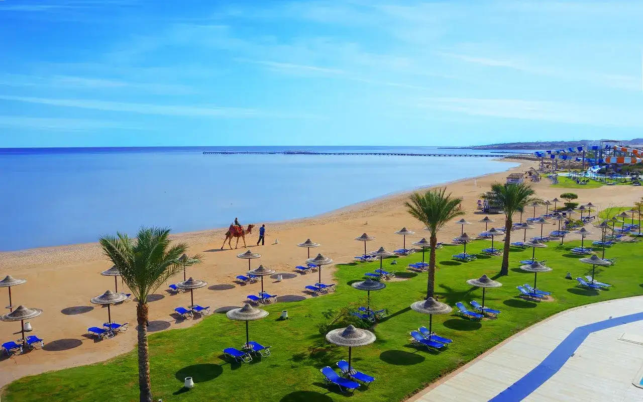 Plaża z wielbłądem i turystą, leżaki pod parasolami, palmy i turkusowe morze. Jaz Aquamarine zaprasza na wypoczynek.