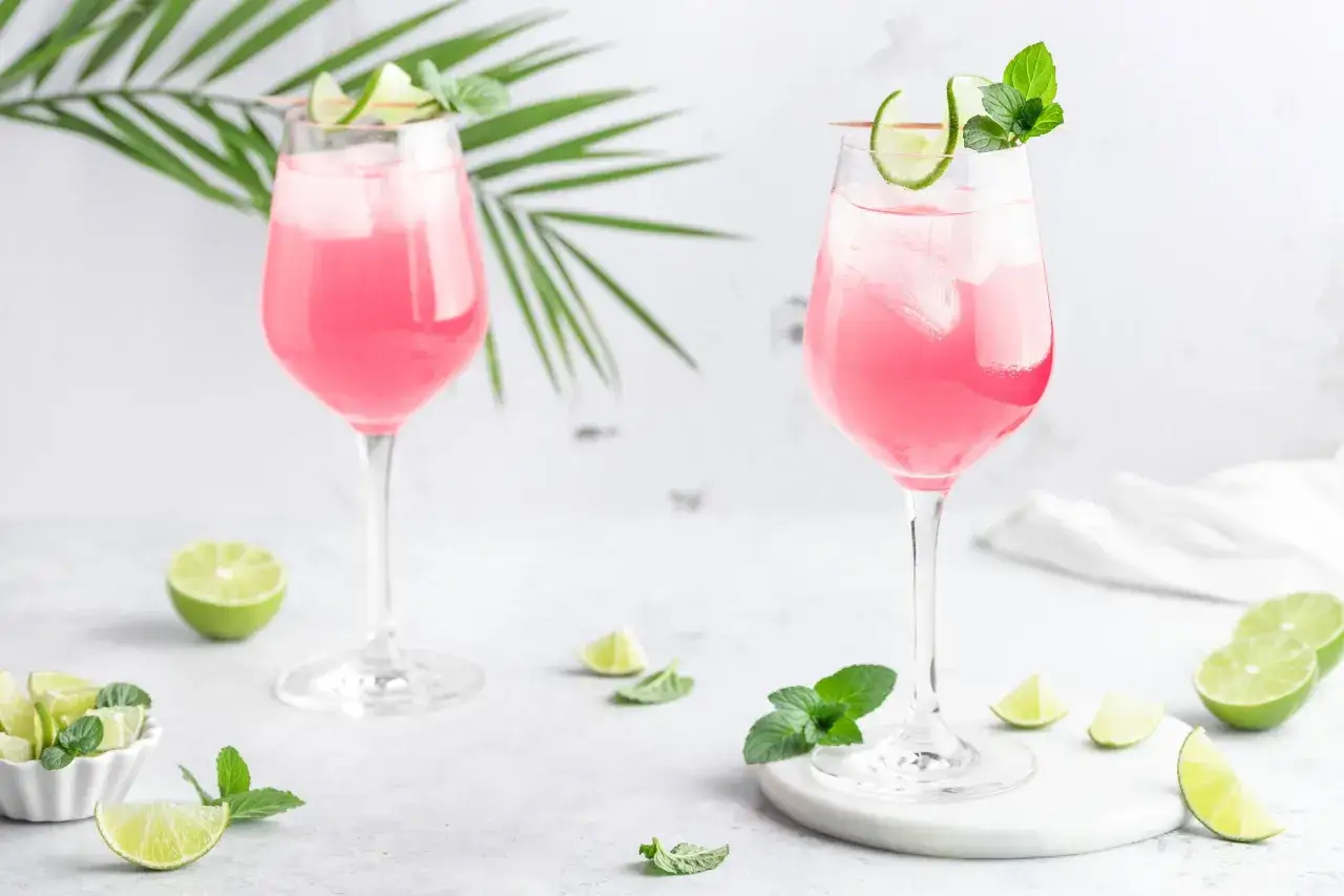 Zwei Sarti Spritz Cocktails mit Eis, Limettenscheiben und Minze, garniert mit einer Palmblatt-Deko.