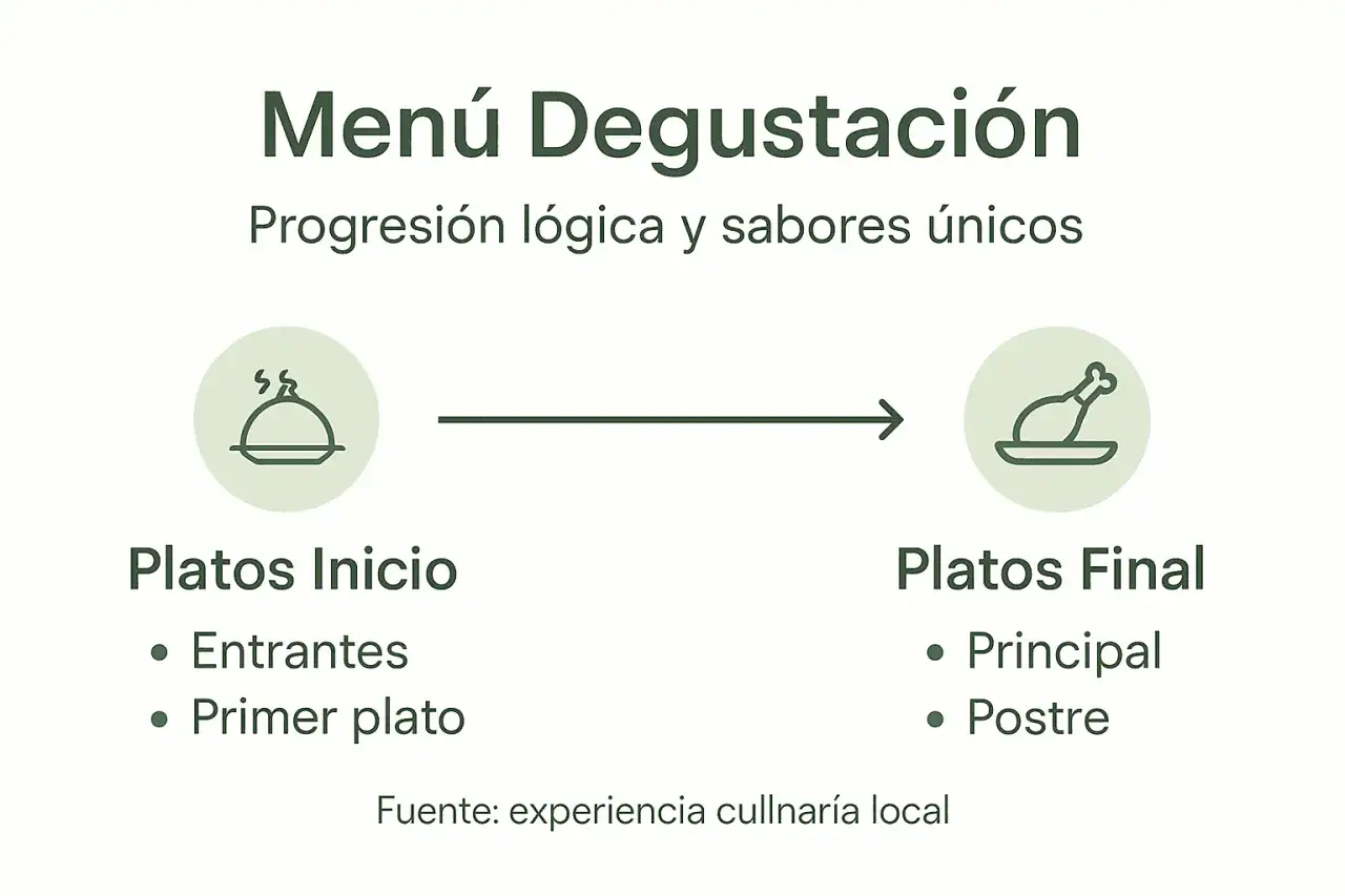 Menú Degustación: platos inicio (entrantes, primer plato) y platos final (principal, postre). Una progresión lógica de sabores únicos.