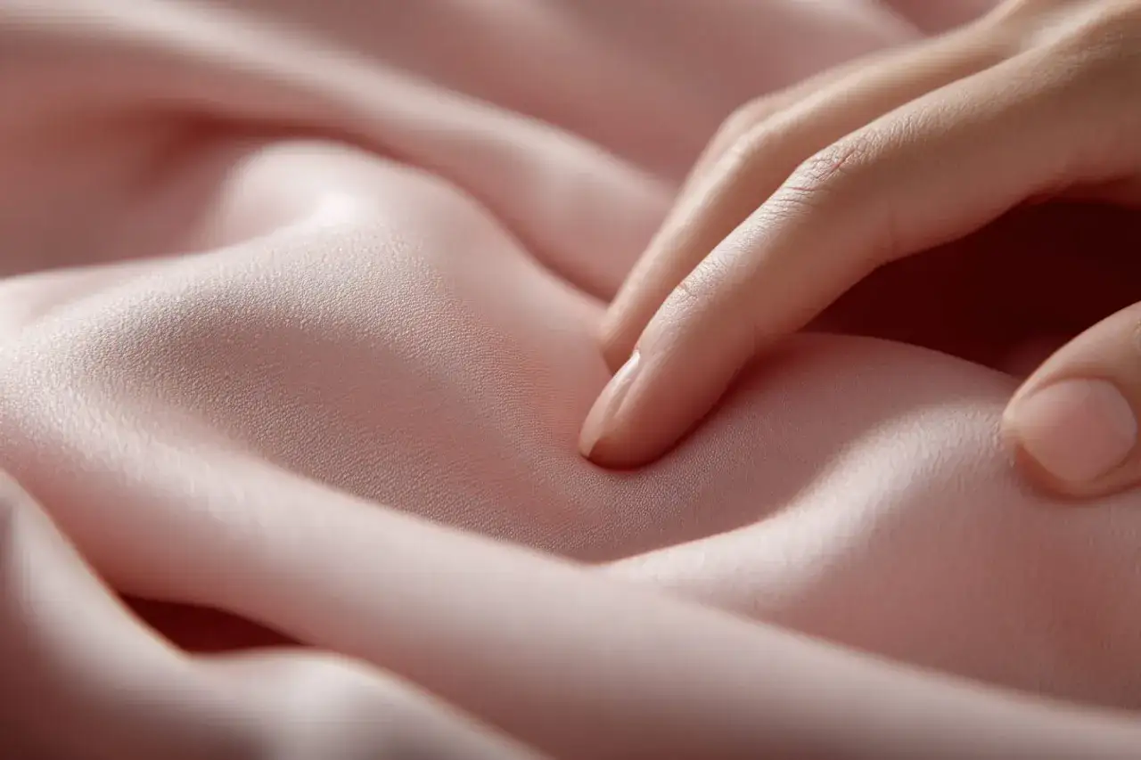 Dedos acarician un suave tejido cupro que se arruga delicadamente, creando pliegues sedosos de color rosa pálido.
