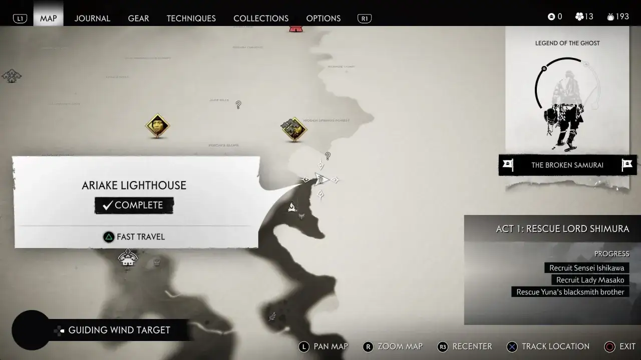 Mapa de Ghost of Tsushima. El faro de Ariake está completado. Se muestra la misión