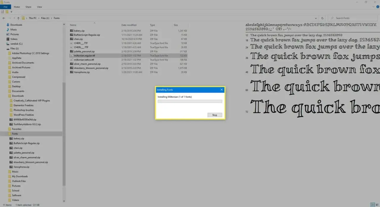 Instalowanie czcionek w folderze Fonts. Okno 
