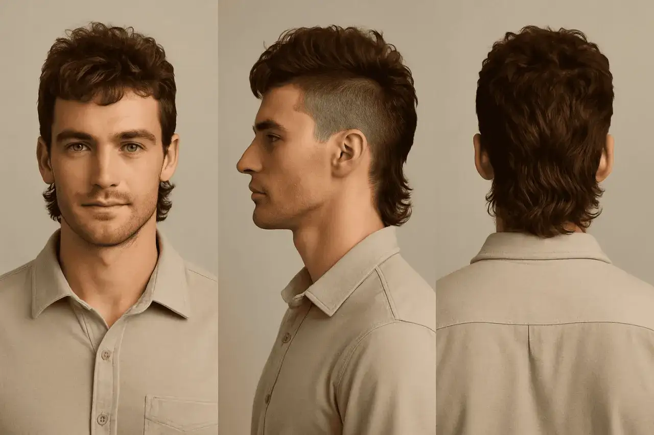 Uomo con taglio capelli anni 80 mullet, corto sui lati e lungo dietro, con ciuffo voluminoso.
