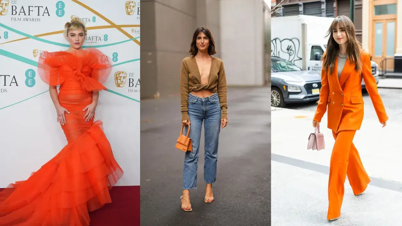Trzy kobiety prezentują pomarańczowe stylizacje: Florence Pugh w sukni balowej, influencerka w sweterku i jeansach, Lily Collins w garniturze.
