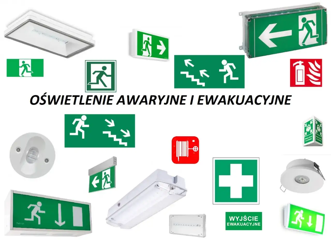 Różnorodne znaki i lampy oświetlenia ewakuacyjnego, w tym zielone piktogramy biegnących ludzi i strzałki wskazujące drogę do wyjścia.