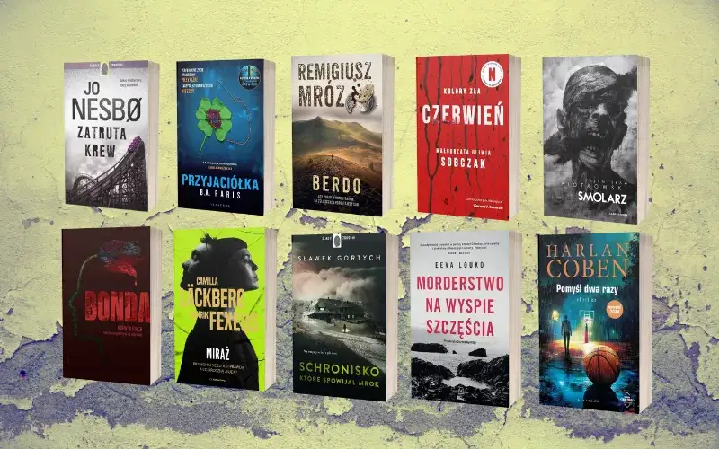 okładki popularnych kryminałów polskich i zagranicznych