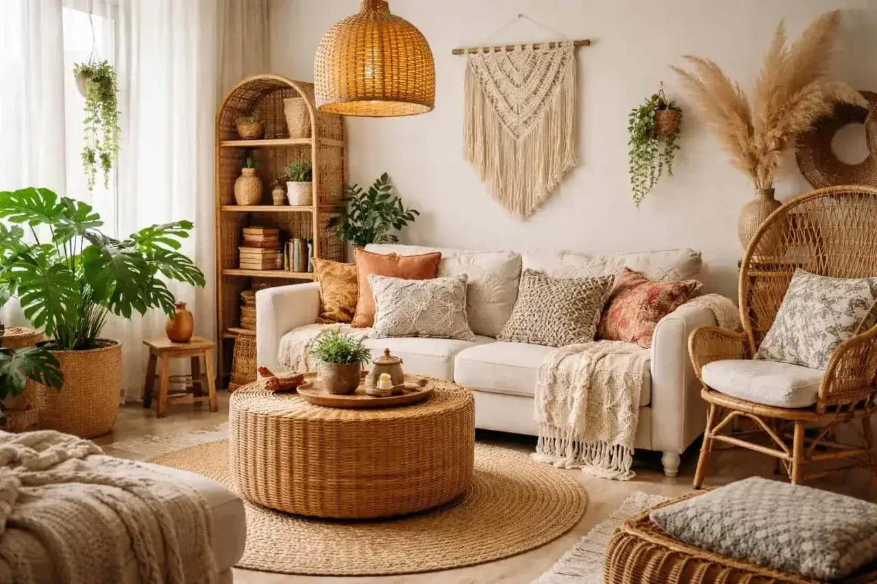 Przytulny salon w stylu boho. Wygodna sofa, rattanowe meble, makrama na ścianie i mnóstwo roślin tworzą relaksującą atmosferę.