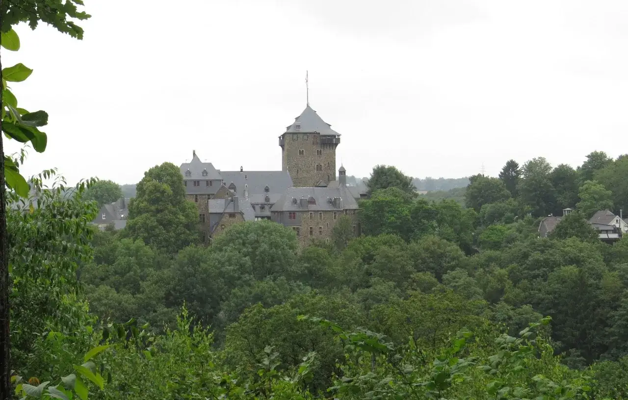 Eine Burg thront &uuml;ber einem dichten Wald. Der wupper pass ist von &uuml;ppiger Vegetation umgeben, die sich bis zu den D&auml;chern der umliegenden H&auml;user erstreckt.