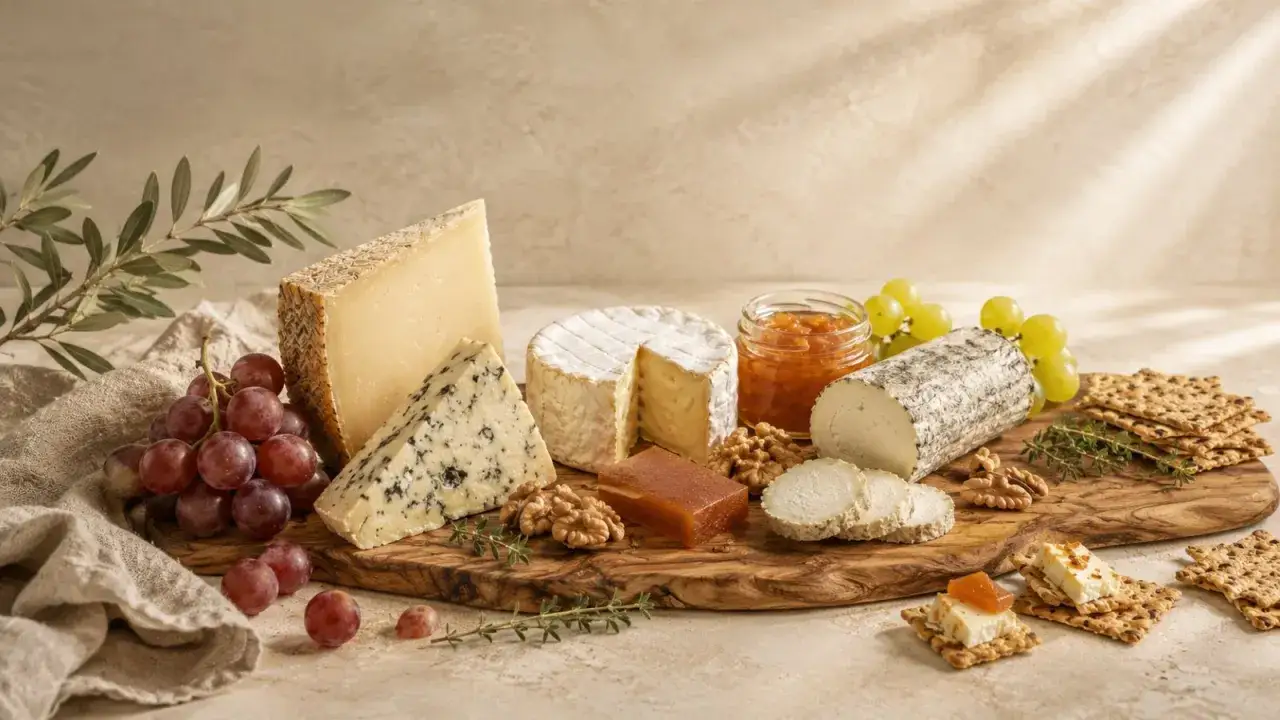 Tabla de quesos variados, uvas, nueces y galletas. Un trozo de queso azul con vetas oscuras, un queso de cabra cil&iacute;ndrico y un queso cremoso con corteza blanca. &iexcl;Cuidado, uno de ellos es un queso que huele mal!