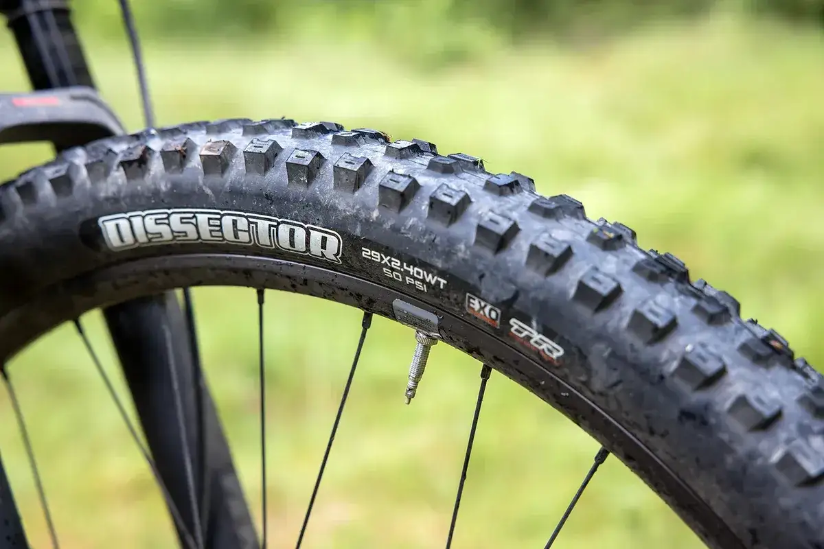 Close-up of a Maxxis Dissector 29x2.40WT MTB tire, showing its aggressive tread pattern. This tire is ideal for trail riding.