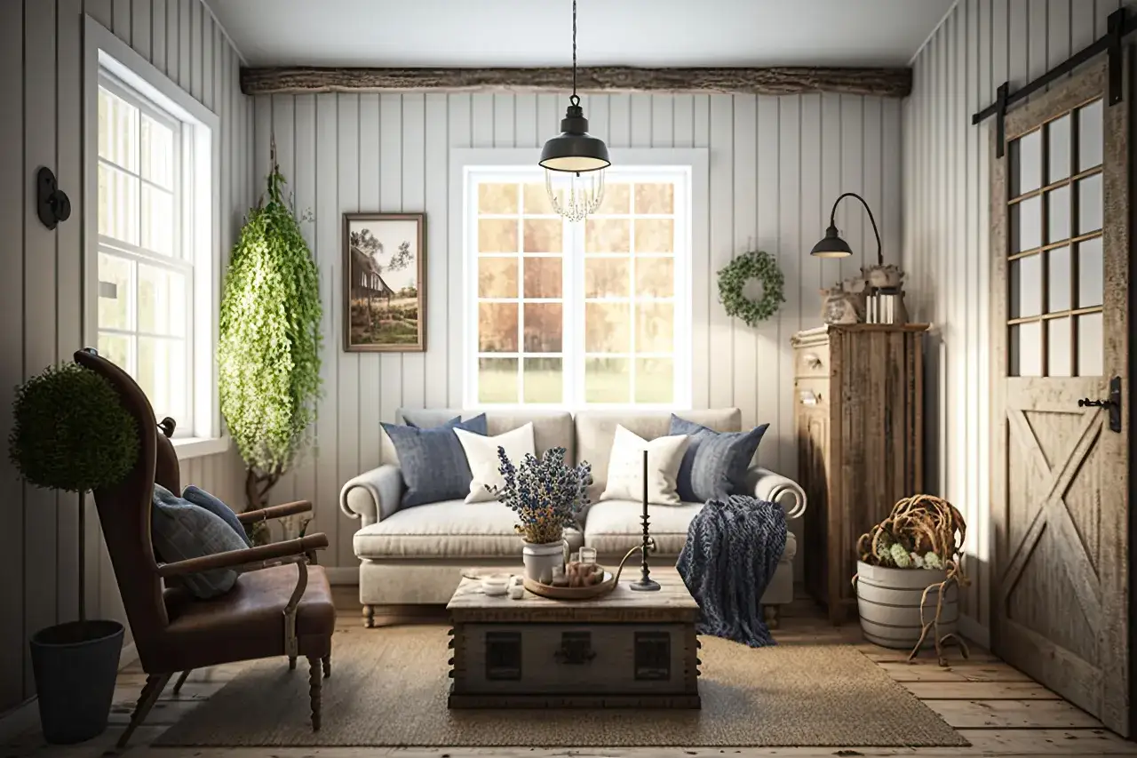 Przytulny salon w stylu farmhouse z wygodną kanapą, drewnianą skrzynią jako stolikiem kawowym i rustykalnymi dodatkami.