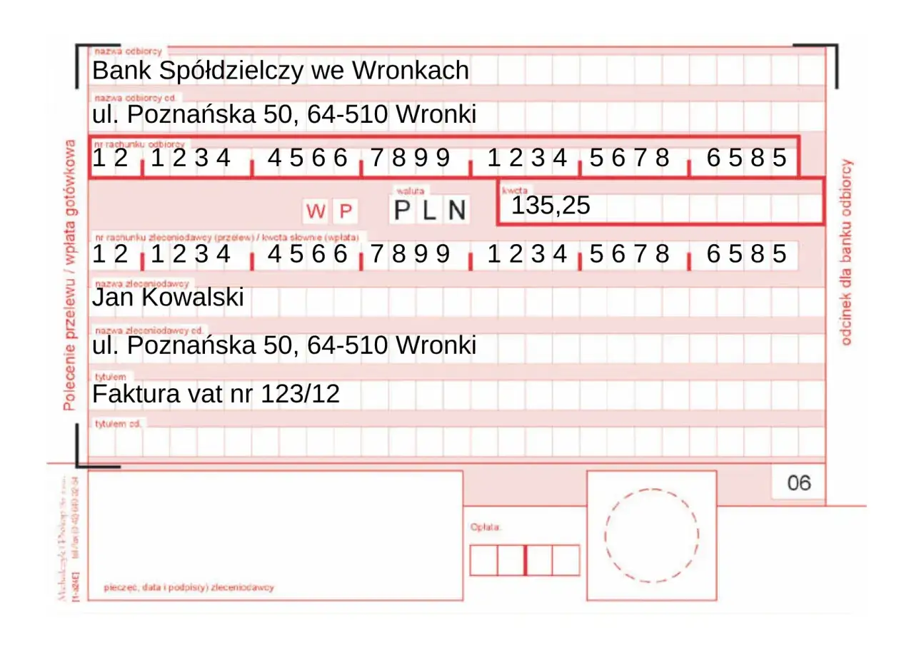 Przelew na kwotę 135,25 PLN do Banku Spółdzielczego we Wronkach, zleceniodawca Jan Kowalski, tytułem faktura VAT nr 123/12. To polecenie przelewu, nie direct debit.