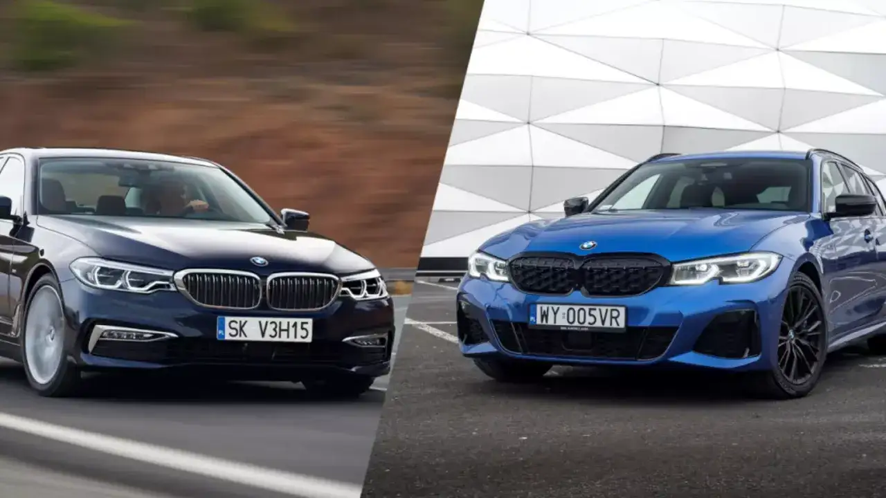 Dwa BMW: ciemny sedan na drodze i sportowy, niebieski kombi z serii 3 na tle nowoczesnej architektury.