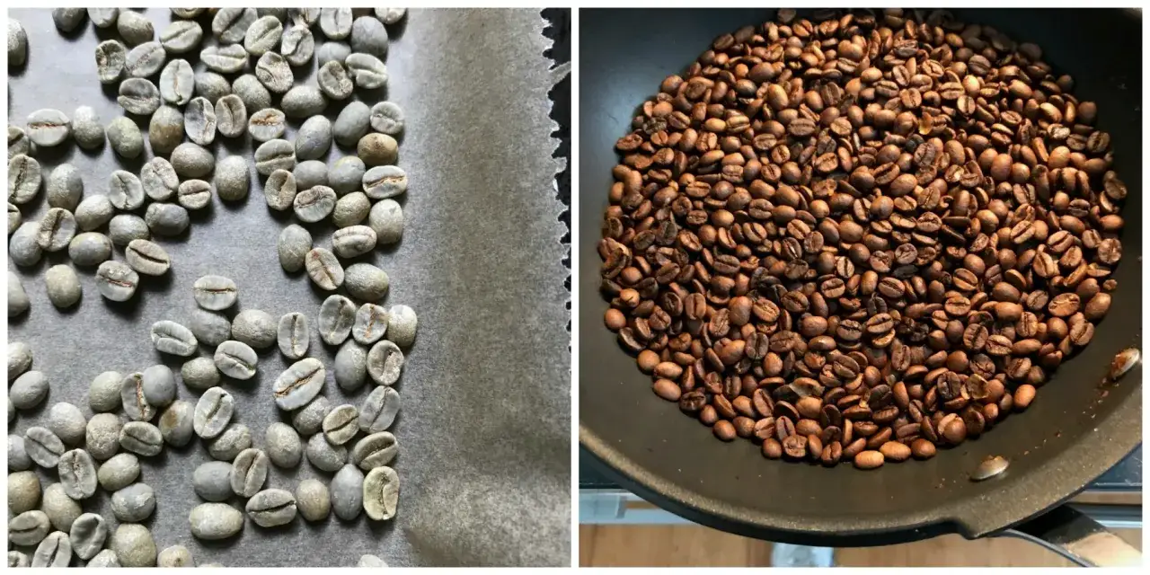 Grüne Kaffeebohnen liegen links, geröstete Bohnen rechts. Für perfekten Cold Brew welcher Kaffee?