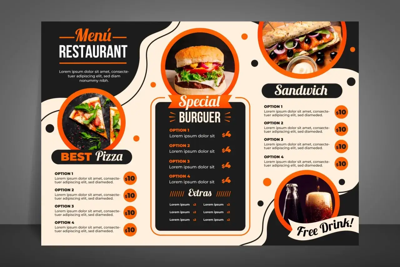 Men&uacute; de restaurante con creativas cartas de restaurantes originales: hamburguesa especial, pizza, s&aacute;ndwich y bebidas.