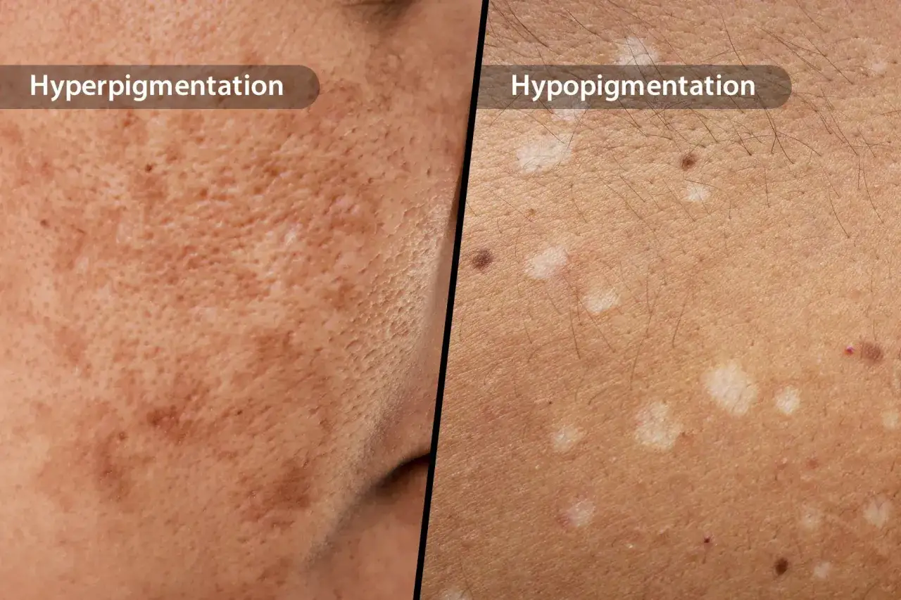 Närbild på hud med hyperpigmentering på vänster sida och hypopigmentering på höger sida.