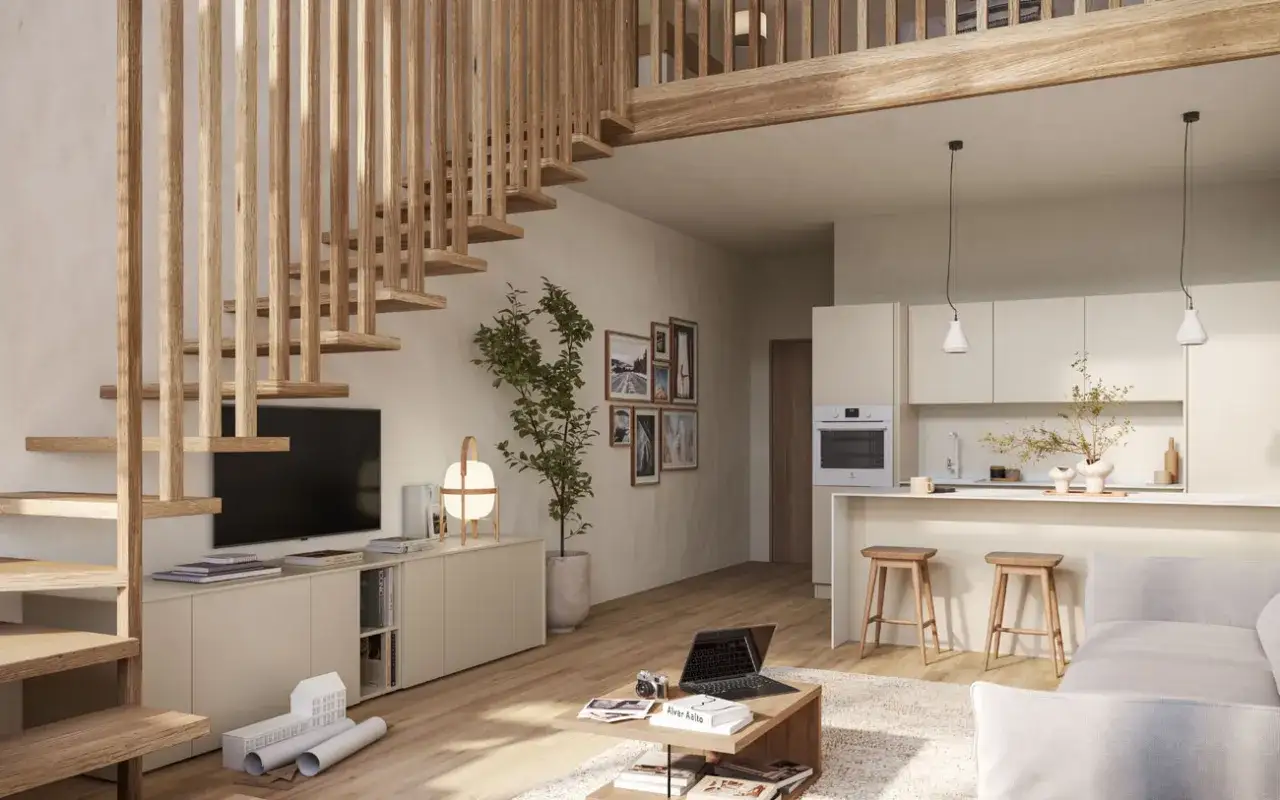 Idee progetto casa 45 mq: soggiorno con scala in legno, cucina a vista, divano e tavolino.