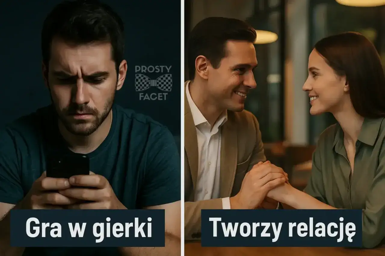 Psychologia mężczyzny: zmartwiony patrząc w telefon vs. uśmiechnięty, trzymający dłoń ukochanej. Miłość buduje.