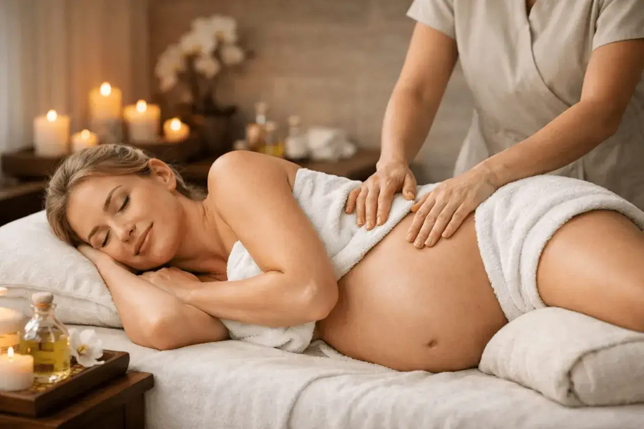 Une femme enceinte d&eacute;tendue re&ccedil;oit un massage doux des jambes dans une ambiance tamis&eacute;e, &eacute;clair&eacute;e par des bougies.
