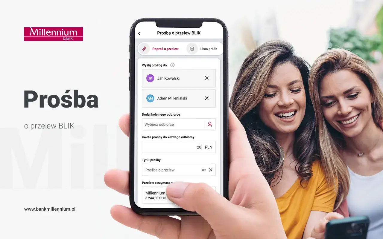 Aplikacja mobilna Millennium ułatwia jak zarejestrować numer telefonu w Blik. Dwie kobiety śmieją się, patrząc na ekran telefonu.