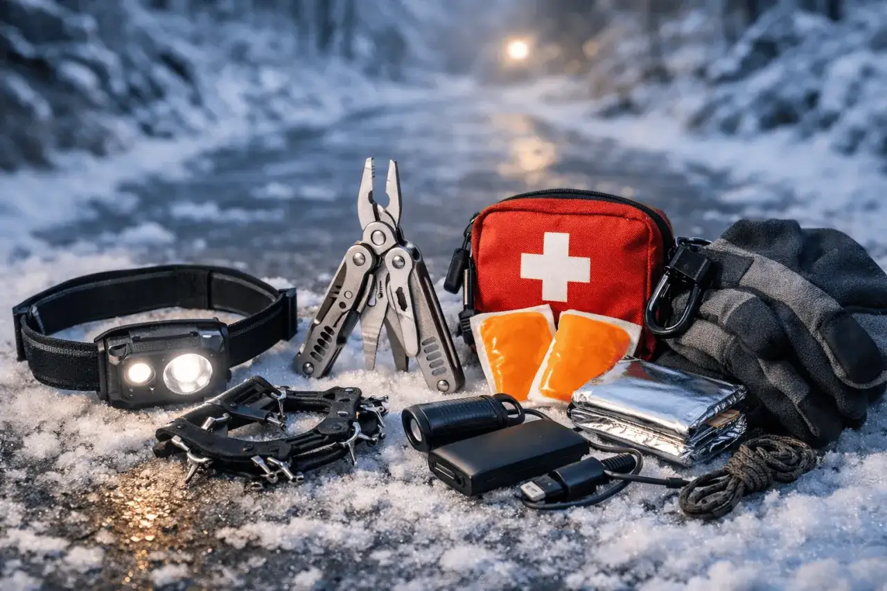 Zestaw EDC: czołówka, multitool, apteczka, rękawice, koc termiczny, powerbank, linka. Gotowy na zimowe przygody.