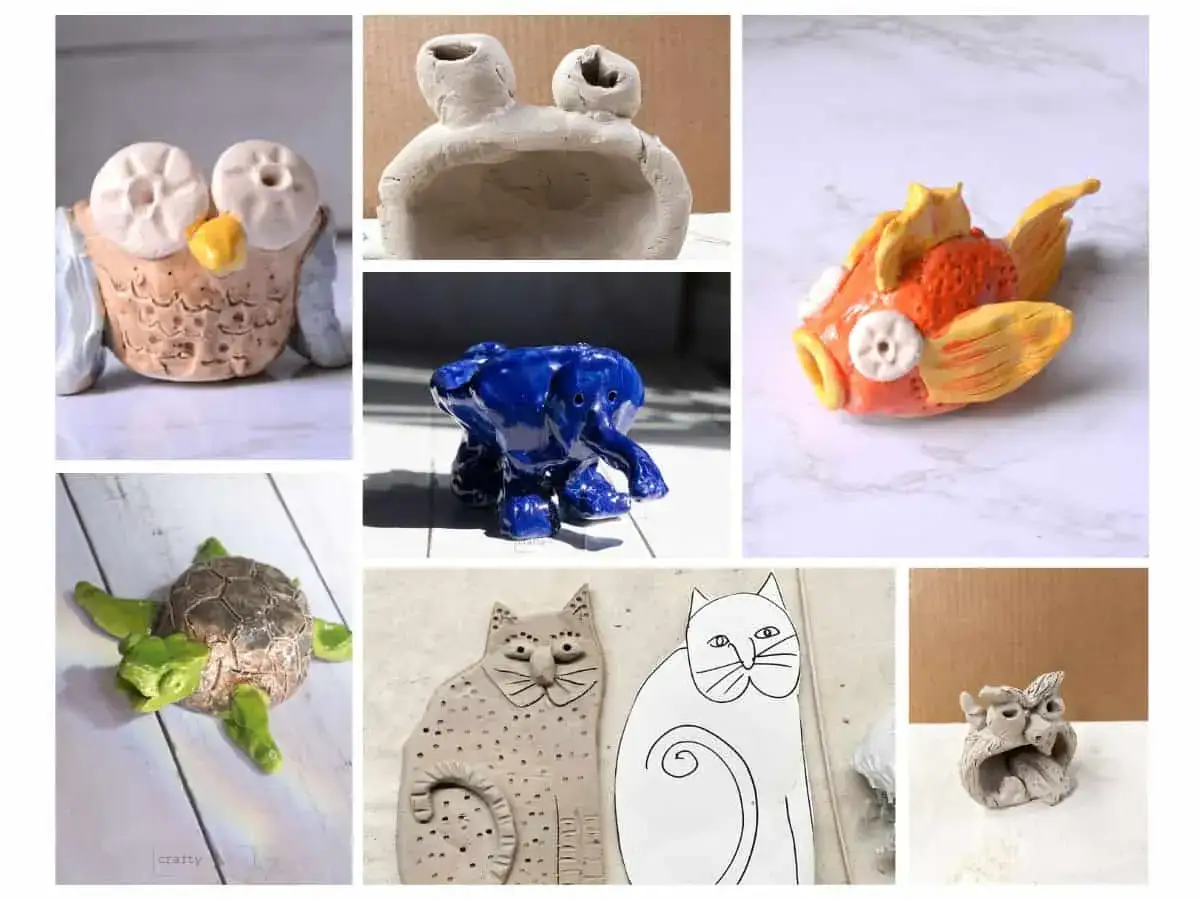 Kreative **Modelliermasse Ideen Tiere**: Eule, Frosch, Fisch, Elefant, Schildkröte, Katzen und ein kleines Vogelpaar.