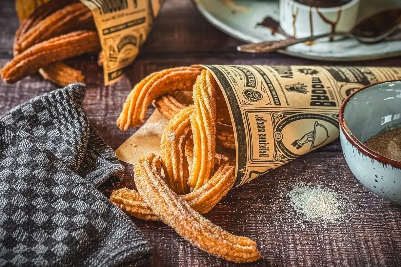 Frisch zubereitete Churros, mit Zucker bestreut, in Papier gewickelt. Perfekt zum Churros selber machen!