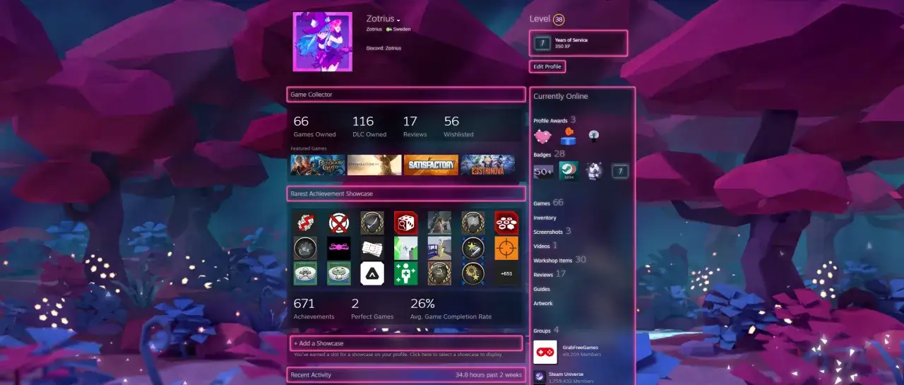 Profil Steam z gablotami i wysokim poziomem
