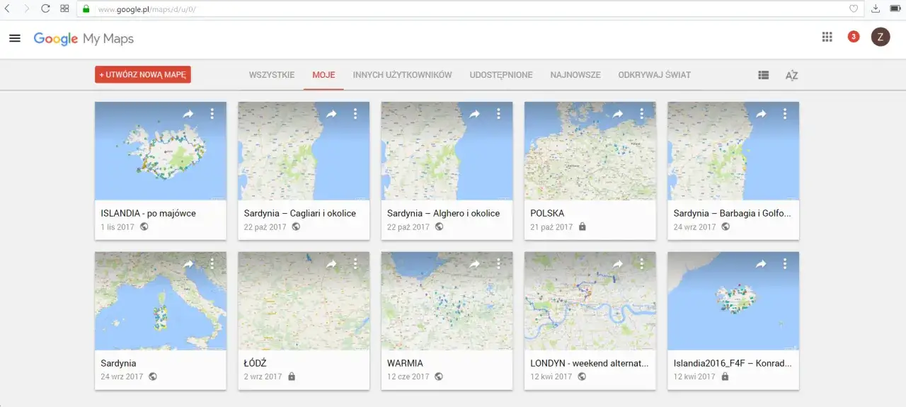 Moje mapy Google: Islandia, Sardynia, Polska, Łódź, Warmia, Londyn. Widoczne punkty na mapie oznaczają miejsca podróży.