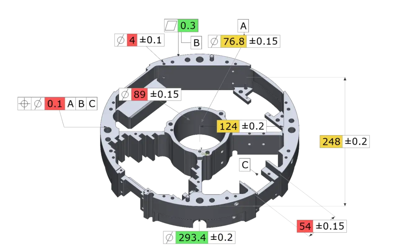 Model 3D z wymiarami i tolerancją pozycji. Wymiary: 4±0.1, 76.8±0.15, 89±0.15, 124±0.2, 248±0.2, 54±0.15, 293.4±0.2. Tolerancja 0.1 ABC.