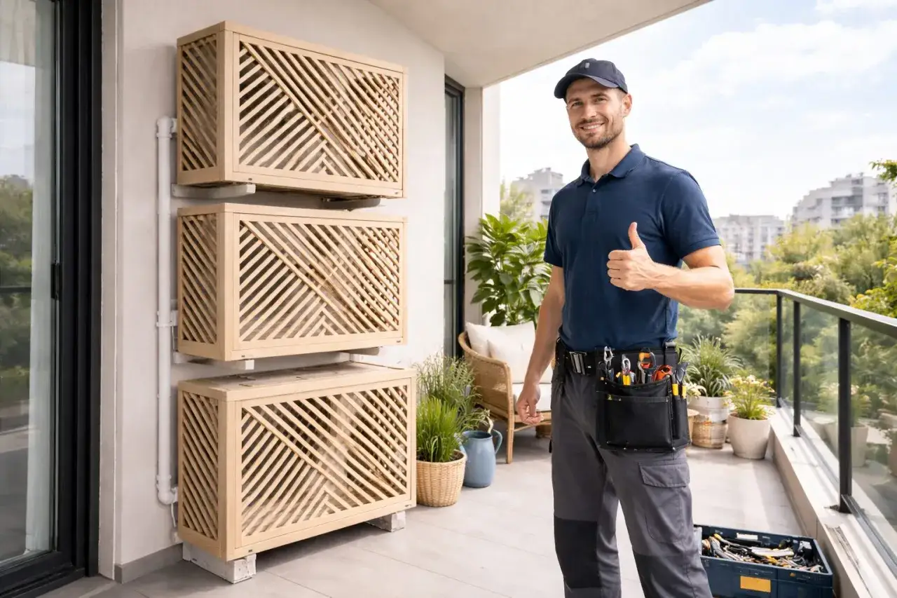 Un technicien souriant donne son accord pour l'installer climatisation appartement. Trois caissons en bois protègent les unités extérieures sur un balcon.