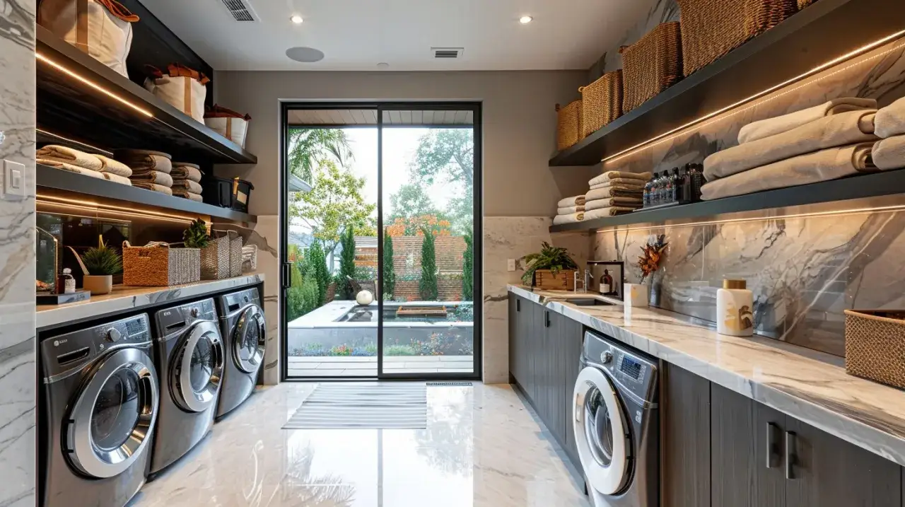 Lavaderos bonitos con lavadoras modernas, encimeras de m&aacute;rmol y estantes llenos de toallas y cestas. Una puerta corredera da a un jard&iacute;n con piscina.