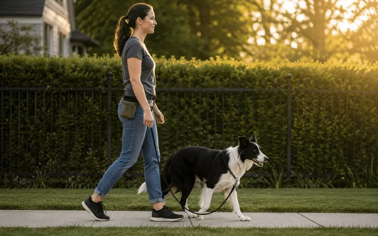 Kvinna med hund som g&aring;r fint i koppel l&auml;ngs en trottoar i solnedg&aring;ngen.