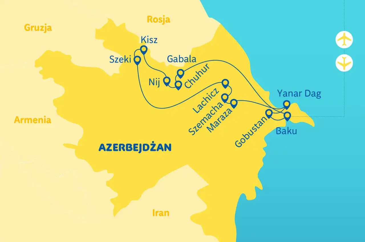 Mapa turystyczna Azerbejdżanu z zaznaczonymi miastami: Baku, Gobustan, Yanar Dag, Szemacha, Maraza, Lachicz, Chuhur, Gabala, Nij, Kisz, Szeki.