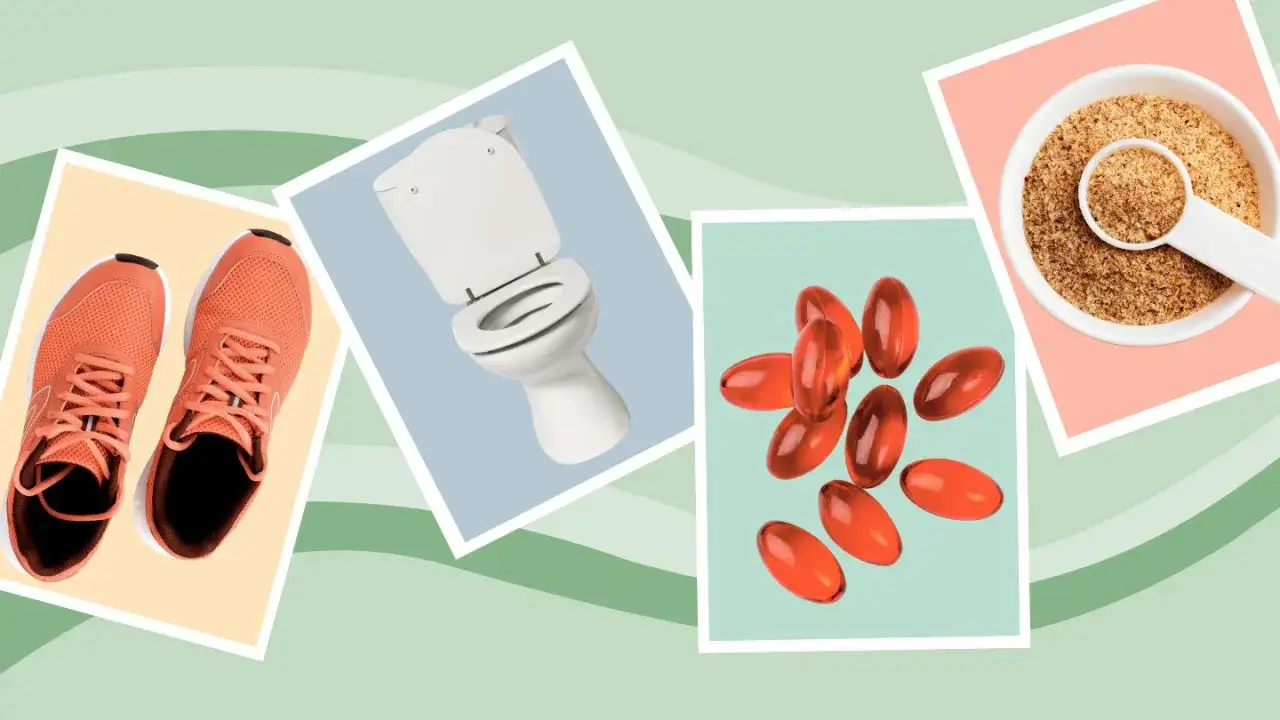 Orangene Laufschuhe, eine Toilette, rote Kapseln und eine Schüssel mit Leinsamen. Tipps gegen low carb Verstopfung.