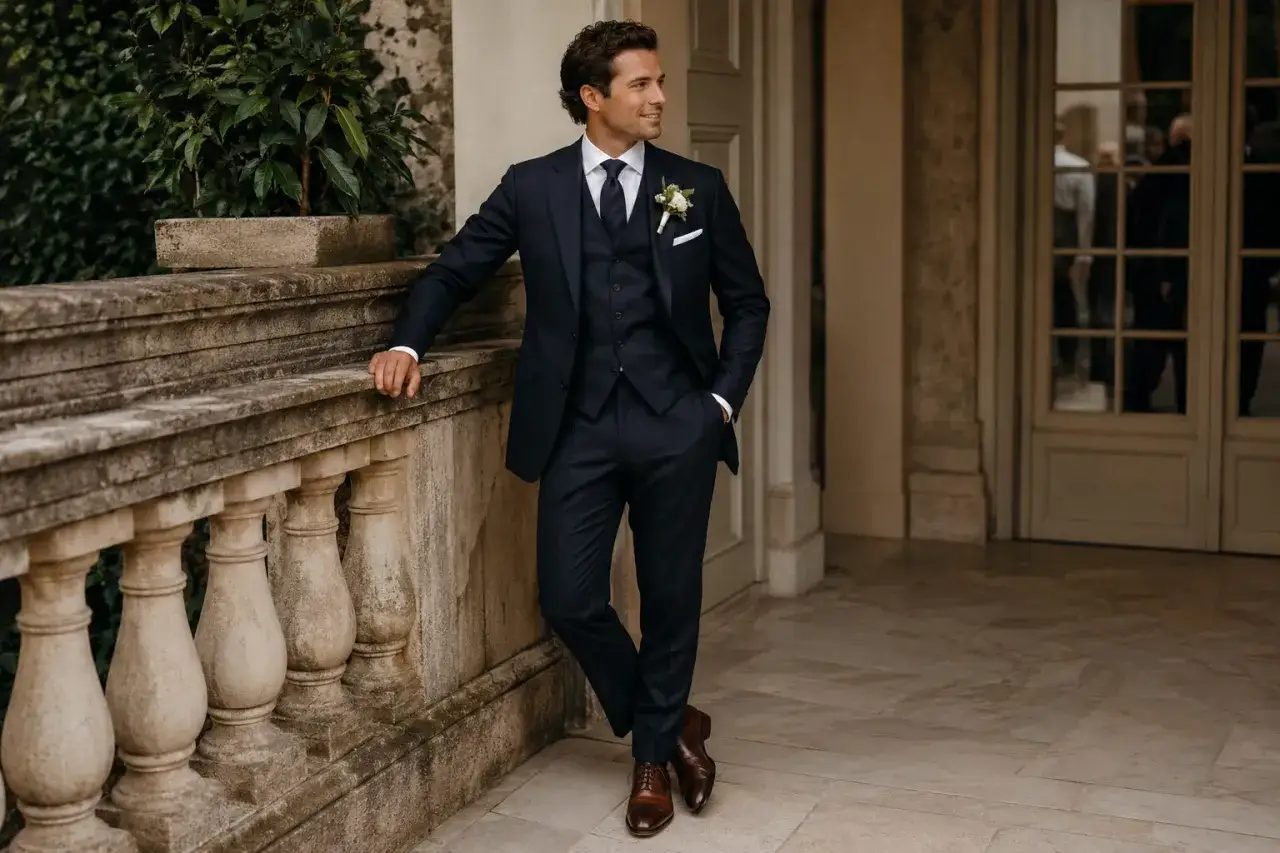 Groom in a navy suit and brown shoes, ready for his wedding.